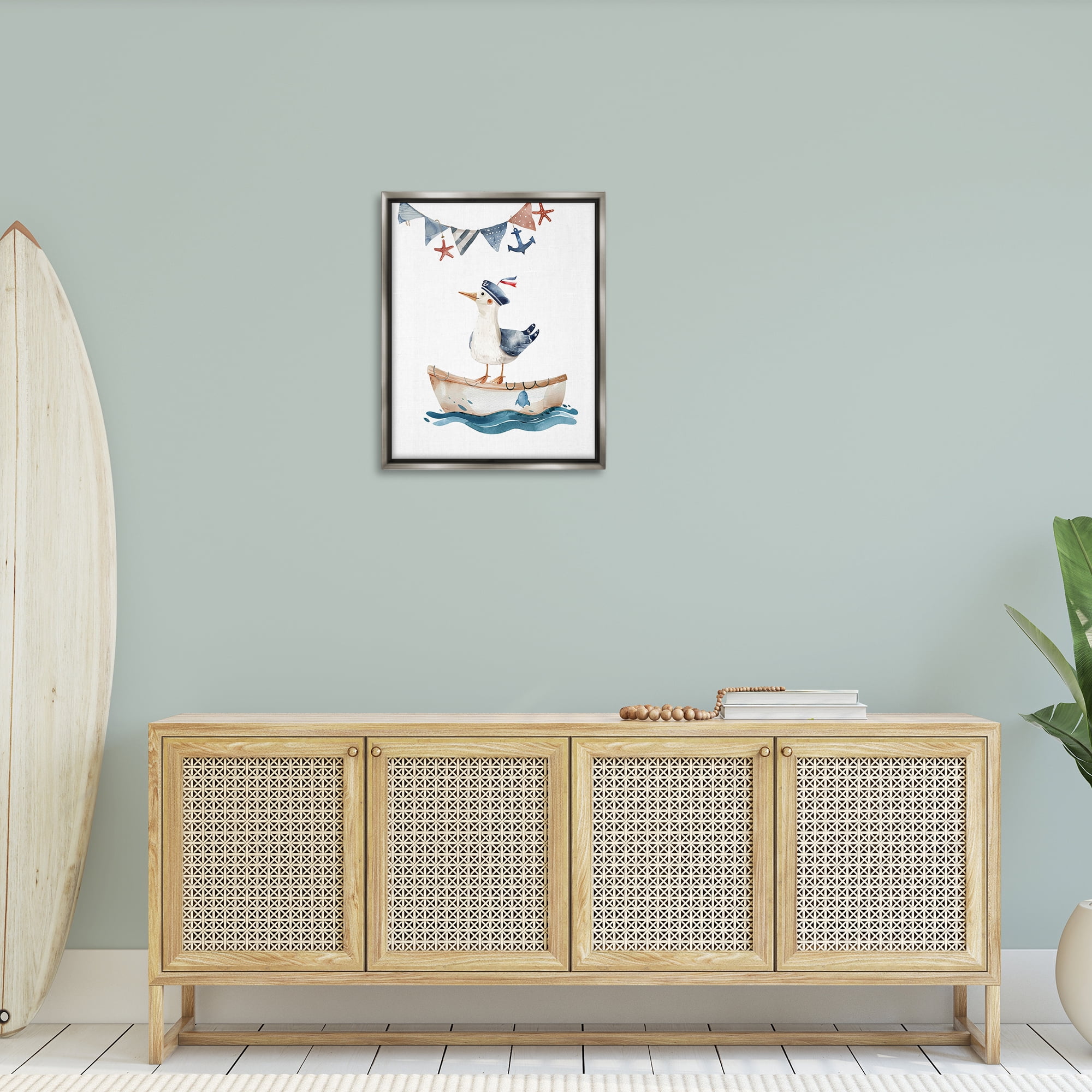 Stupell Industries Cute Sailor Seagull Animals Painting Gray Floater Framed Canvas Art Print Wall Art, 25 x 31