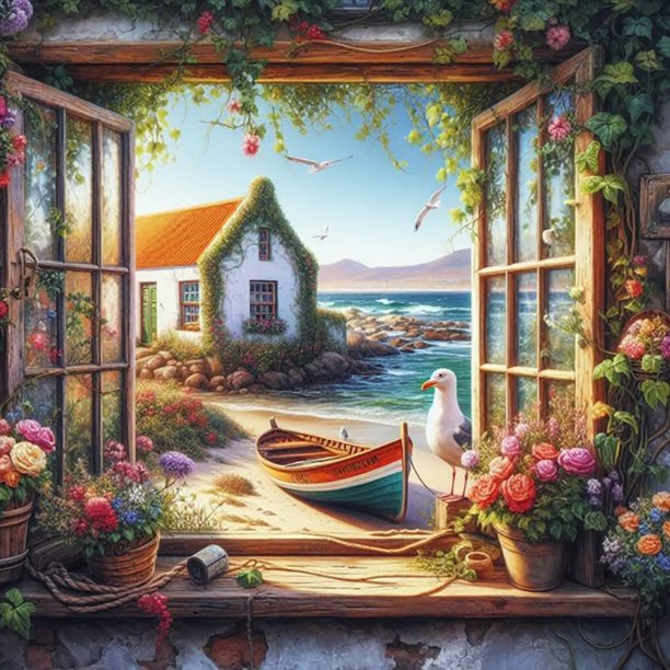 5D DIY Full Drill Round Painting Window View Del Arte 40x40cm