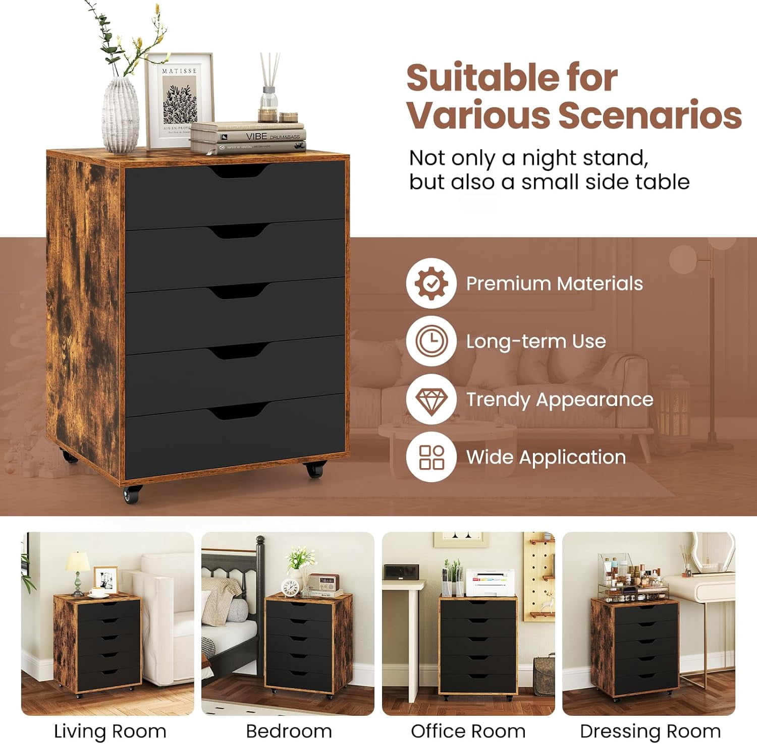 DORTALA 5 Drawer Chest File Cabinet with Wheels, Versatile Mobile Under Desk Office Storage Cabinet, Wood Filing Cabinet for Home Office, Rustic Brown