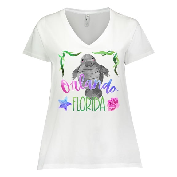 Inktastic Orlando Florida Cute Swimming Manatee Women's Plus Size V-Neck T-Shirt