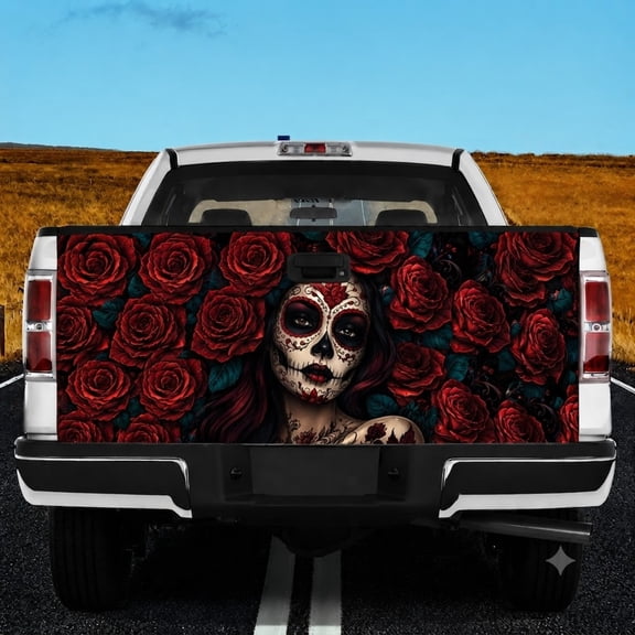 Emacom Ltd Sugar Skull Rose Tailgate Wrap Decal for Pickup Truck, Gothic Floral Tailgate Sticker, Red Rose Truck Accessories