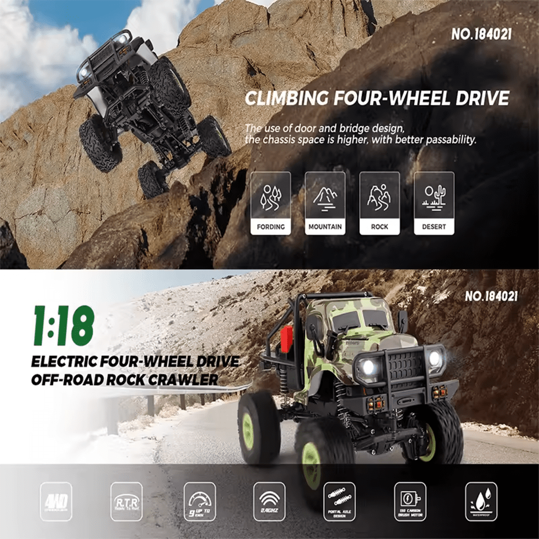 1/18 RC Rock Crawler, 2.4G 4WD RC Off-Road Climbing Truck with LED Lights & High Torque 130 Brushed Motor, All-Terrain Climbing Car for Adults - RTR