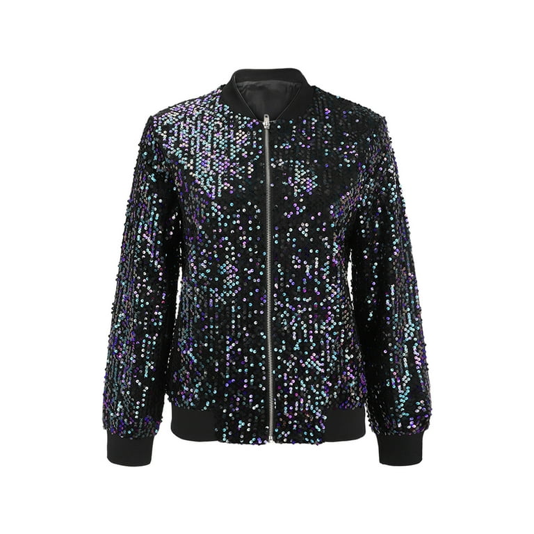 BOOMILK Women Shiny Sequin Jacket Plus Size Varsity Jackets Long