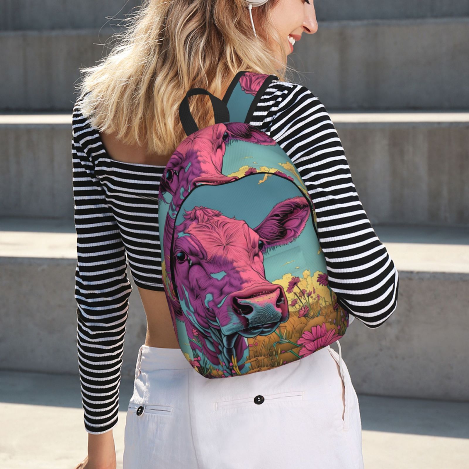 Picia Pink Cow In Sunflower Field Printed Canvas Daypack - Stylish and Durable Vintage Compact Backpack - Class, Work, Travel, or Laptop Bookbag,Organized Compartments-Medium