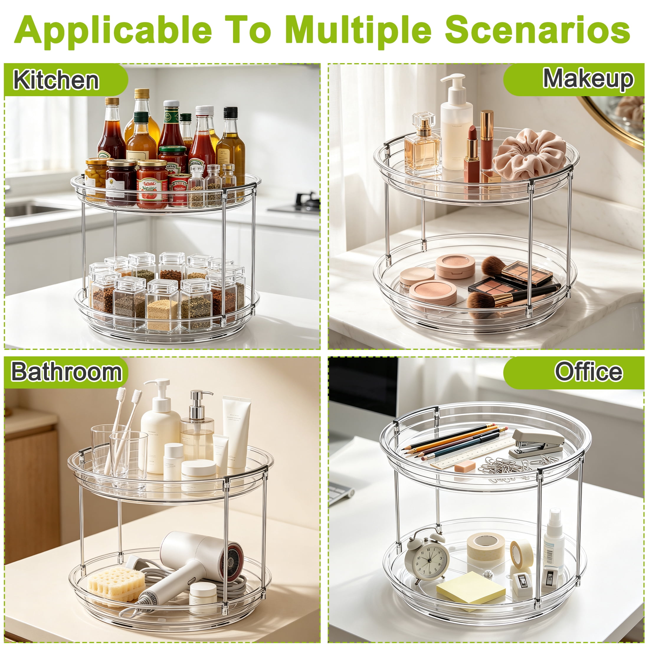 2 Tier 360° Rotating Spice Rack, Lazy Susan Cabinet Counter Organizer, Clear Turntable Spice Storage Rack, Lazy Susan Spice rack for Kitchen Countertop, Bathroom, Makeup and Office Supplies