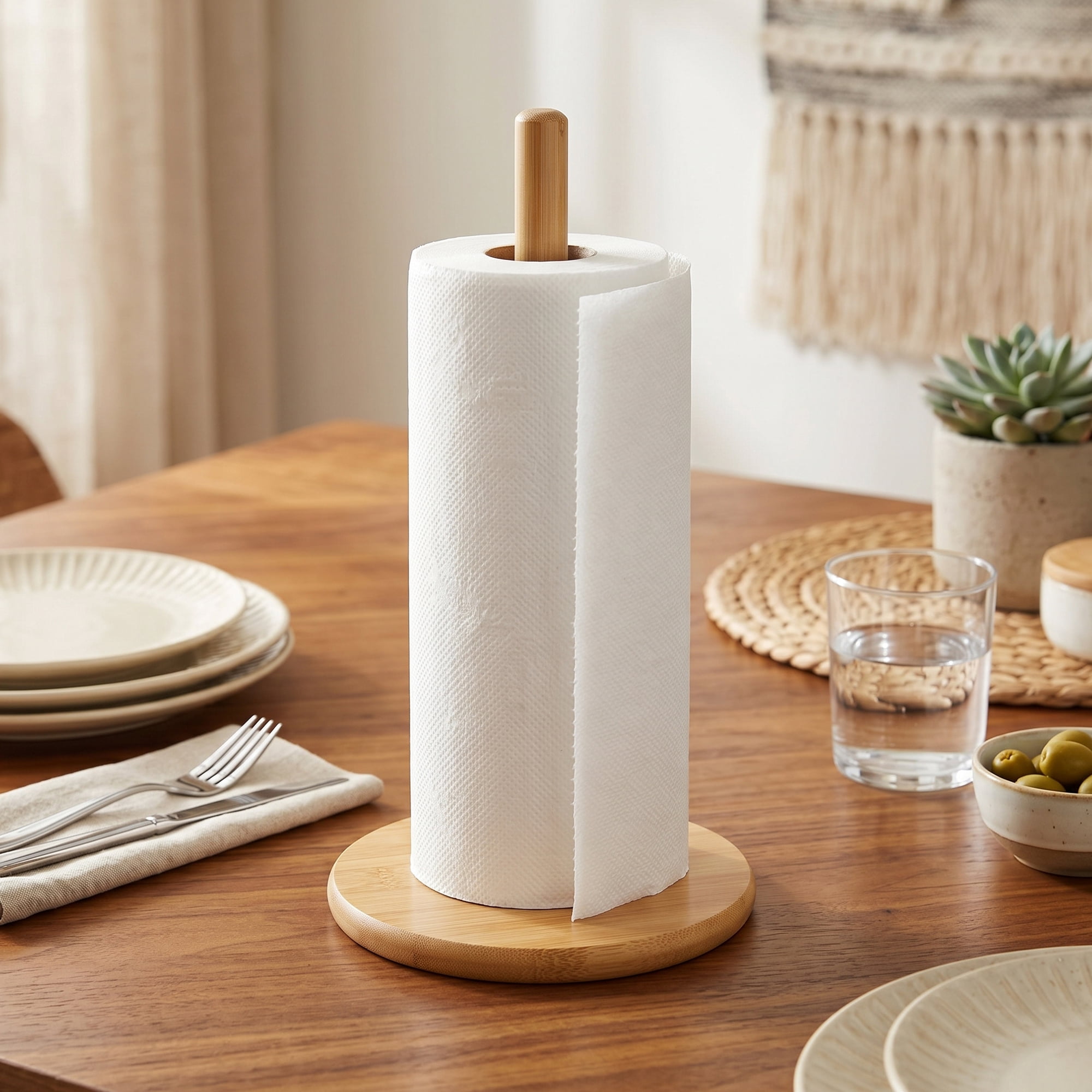 Unique Bargains Paper Towel Holder Countertop Durable Base Wood Natural F 11x5.7inch