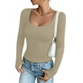 thumbnail image 2 of felwors Womens Summer Short Sleeve Tops Square Neck Ribbed Slim Fitted Shirts Casual Tee Tshirt Beige, XXXL, 2 of 6