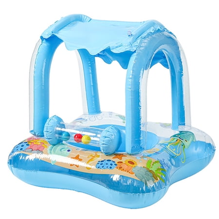 FLYNOW BABY POOL FLOAT WITH CANOPY SUN PROTECTION, KIDS SWIMMING FLOAT WITH SAFETY SEAT, INFLATABLE TODDLERS POOL FLOATS WITH CARTOON BELL TOY, INFANT SWIM TRAINER, SUMMER ESSENTIALS FOR BOYS GIRLS