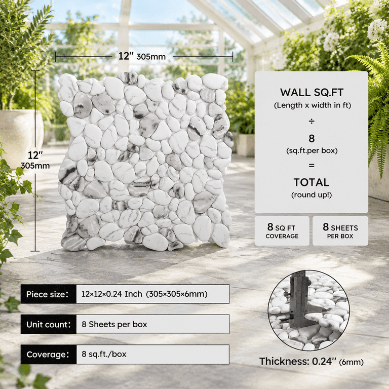 Pebble Mosaic Tile, White with Gray Marble Veins, 12x12 Inch, 8 Sheets ...