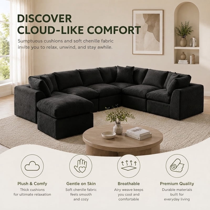 Oversized U-Shaped Sectional Sofa with Ottoman, 7-Seater Modular Chenille Cloud Couch, Deep Seat Frameless Sofa for Living Room, Apartment, Office