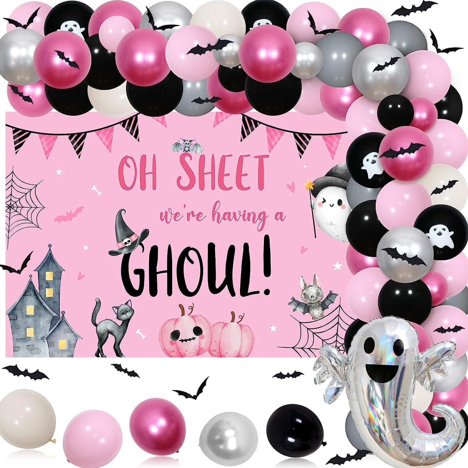Sweet and Spooky. Pink Cute Halloween. Holographic. Bats. 