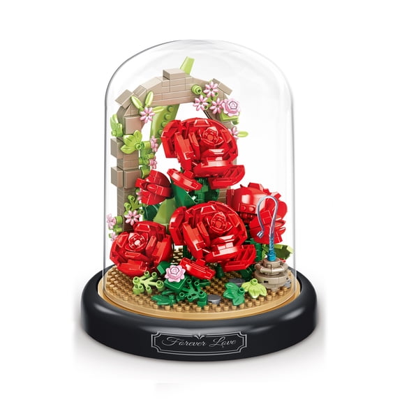 HZLKADAQ Eternal Flower Building Blocks with Display Dome - DIY Artificial Flower Bouquet Set, Forever Blooming Floral Model, Ideal Gift for Valentine's Day,Mother's Day,Birthday