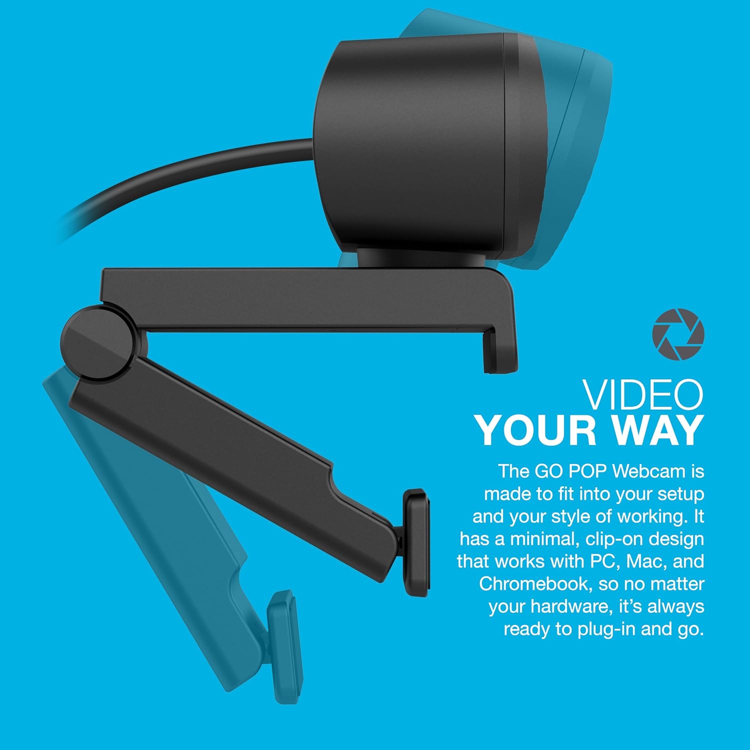 Go Pop Cam USB HD Webcam, Black, 1080P/30 FPS, 2.1 Megapixels, Built-in Privacy Shutter, Minimalist Portable Set-up, Clip-on Design Compatible with PC, Mac and Chromebook