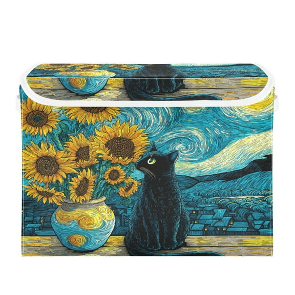 Large Collapsible Storage Box Flip Lid Fabric Decorative Organizer Container Basket with Handles 16.5×12.6×11.8in Sunflowers and A Quiet Cat