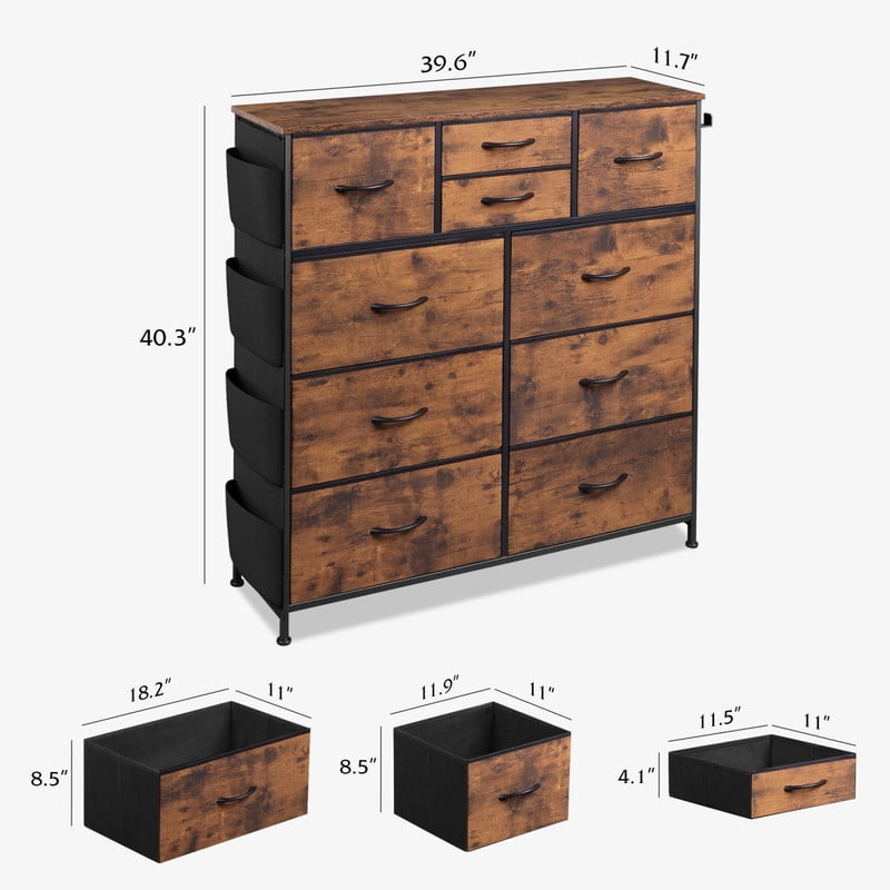 Kelno 10 Drawer Fabric Dresser Storage Organizer with Side Pockets Sturdy Metal Frame Wood Top, Rustic Brown