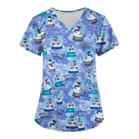

Ovticza Christmas Scrub Tops Women Snowman Animal with Pockets Nursing Short Sleeve Xmas V Neck Plus Size Holiday Christmas Nurse Scrubs for Women Light Purple M