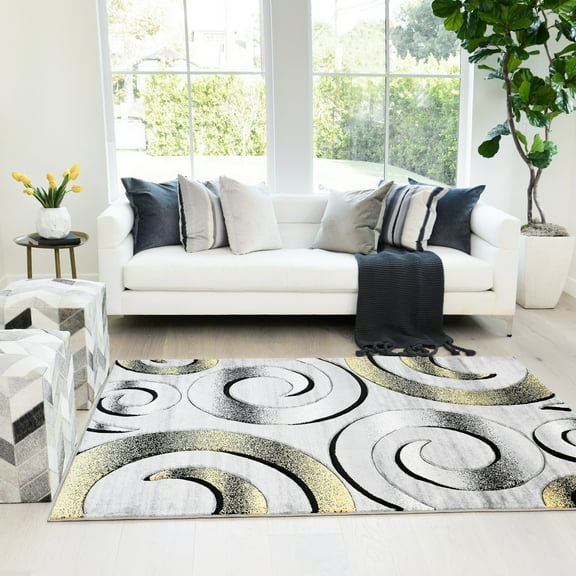 HR-Swirls/Circles/Spiral Modern Abstract Contemporary Hand Carved Area Rug 5'x7' Gold/Light Mustard/Gray/Black