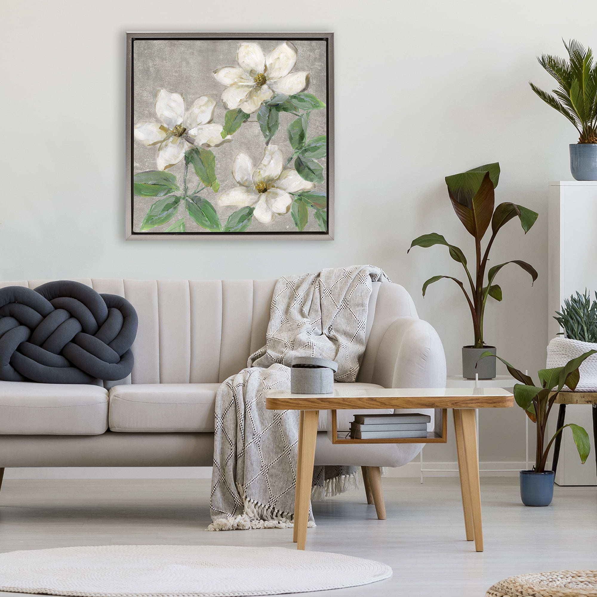 Stupell Industries Ivory Magnolia Trio Gray Framed Floater Canvas Wall Art, design by Sally Swatland