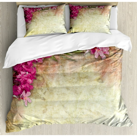 Floral Duvet Cover Set, Vintage Illustration of Oleander Flowers Distressed Retro Background, Decorative 3 Piece Bedding Set with 2 Pillow Shams, King Size, Pink Green Pale Yellow, by Ambesonne