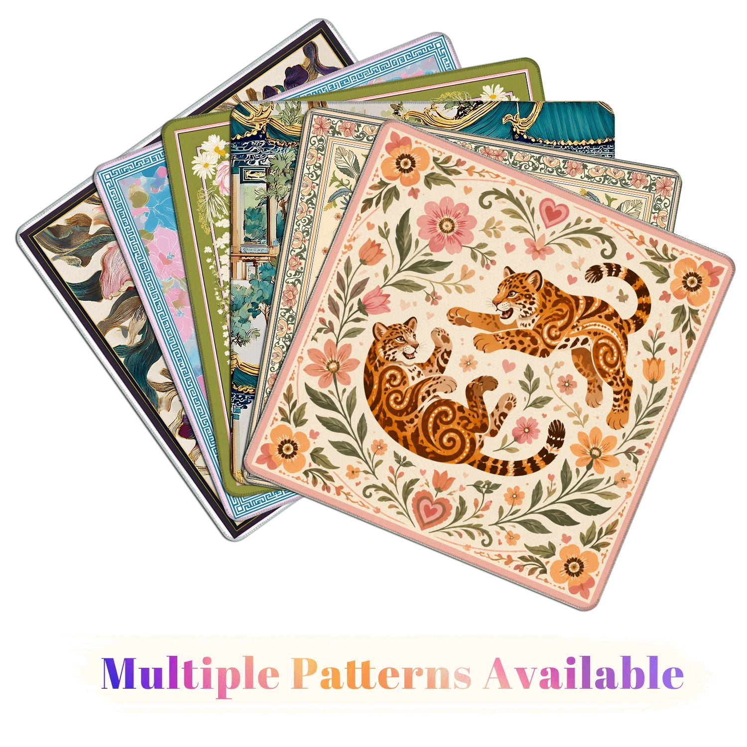 Mahjong Mat 31.5" x 31.5" Playful Jaguars Floral Swirls Heart Details Soft Pastel Colors Non-Slip Noise Reduction American Mahjong Tiles Table Cover for Dominoes Poker Card Board Games Gift