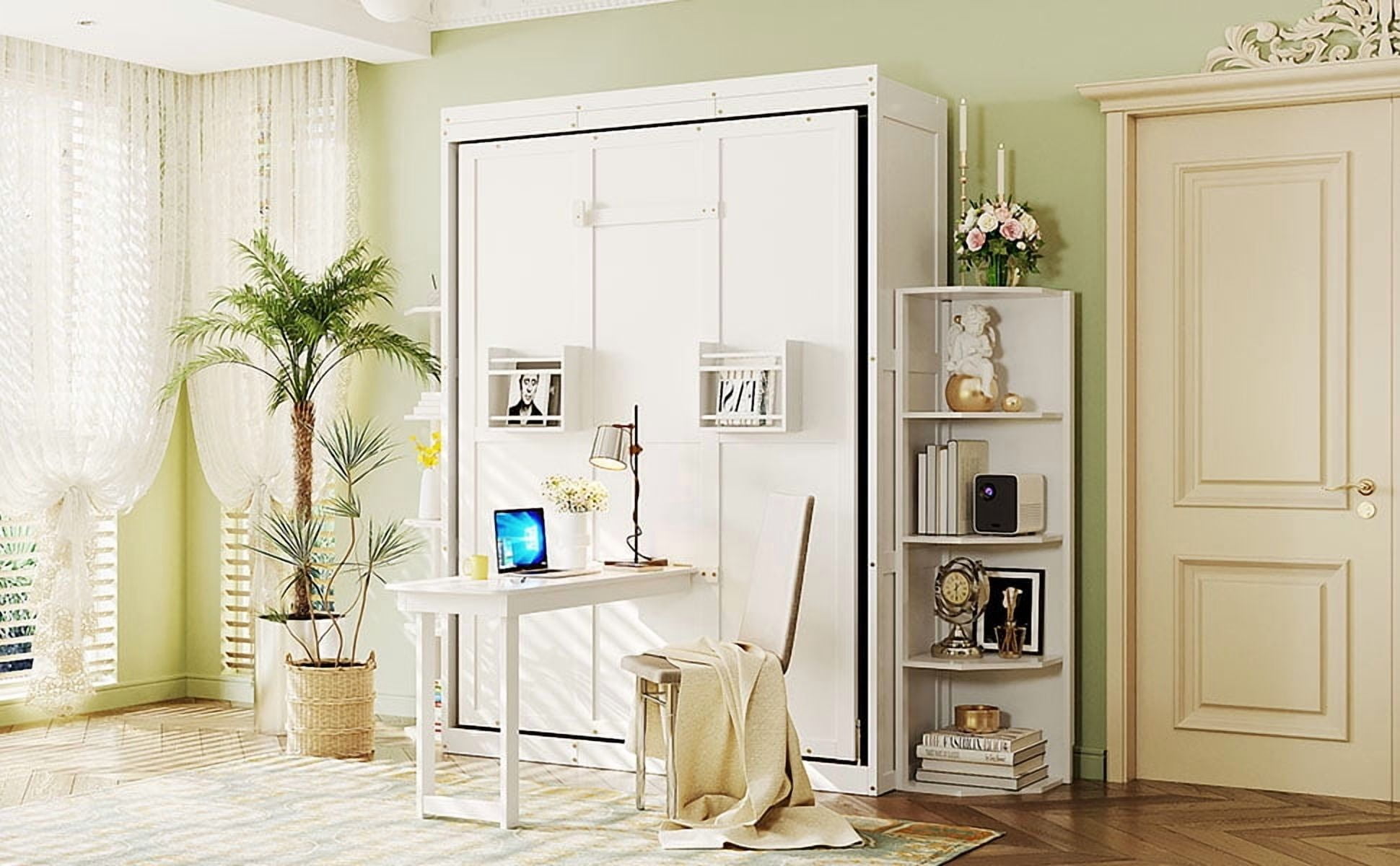 Mintazer Rotating Full Size Murphy Wall Bed with Convertible Desk & Dual Side Bookcases, Multifunctional Murphy Bed with Cabinet for Home Office Bedroom, White