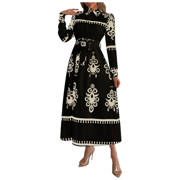 mfyjkho Vestidos para mujer, Vestido camisero de manga larga con lazo y estampado para mujer Vestidos maxi para mujer xl