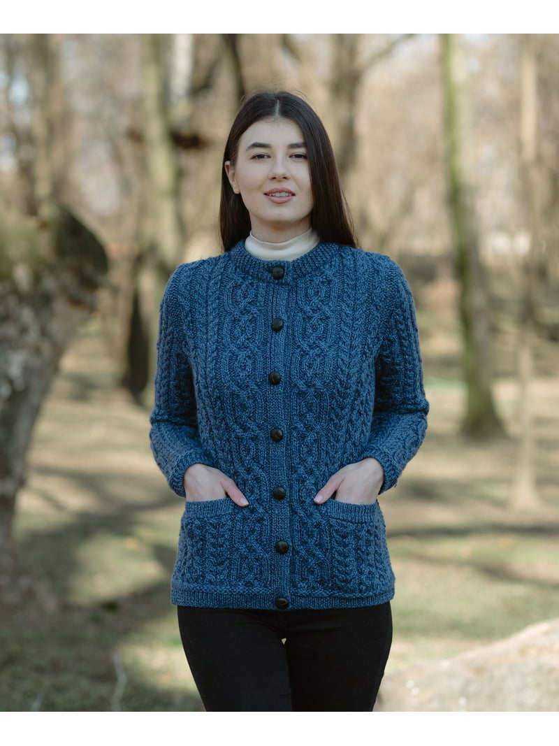 SAOL 100% Merino Wool Women's Aran Cardigan, Stylish Cable Knit