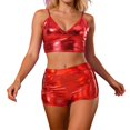 thumbnail image 2 of Shiny Metallic Holographic Crop Camisole Top and Shorts 2 Piece Matching Set Sparkly Pu Leather Rave Outfits, 2 of 4