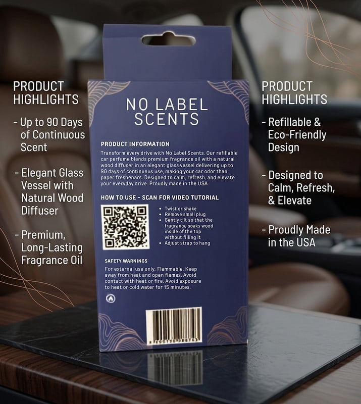 No Label Scents Refillable Car Air Freshener, Hibiscus Cucumber Melon, Glass & Wood Car Perfume Diffuser, Up to 90 Days, 1 Count