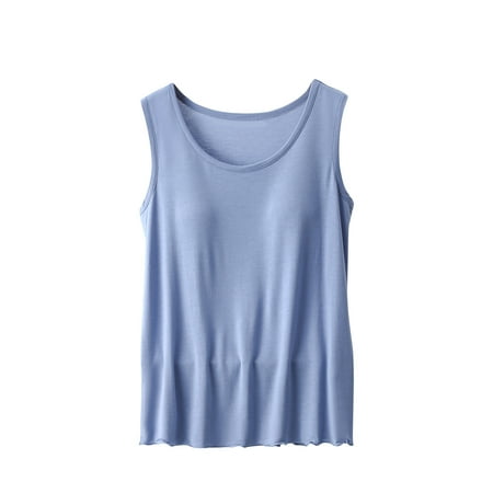 Lovskoo 2024 Women s Modal Built-In Bra Padded Active Camisole Ruffled Blouse Plain Casual Trendy Round-Neck Regular Sleepwear Tops Light Blue XL
