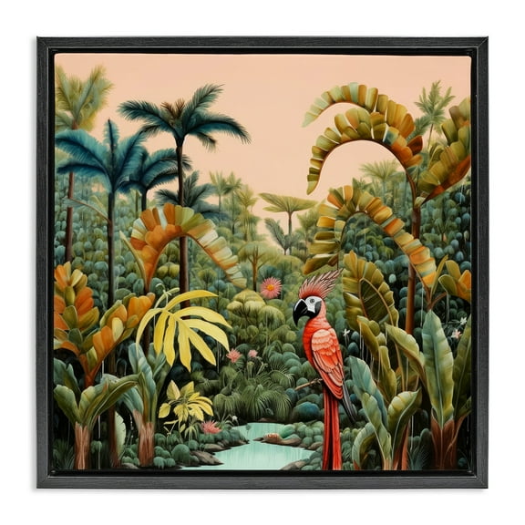 Stupell Industries Parrot in Tropical Vegetation Landscape Painting Black Floater Framed Canvas Art Print Wall Art, 18 x 18