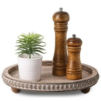 12in Round Brown Wood Beaded Tray - Decorative Living Room, Coffee Table, Kitchen Table, Dining Room or Farmhouse Serving Tray