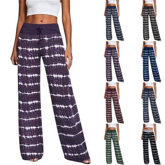 HomeDM Pants for Women Wide Leg Tie-Dye Striped Pants with Pockets Purple Drawstring Lounge Trousers for Athletic Work Size L