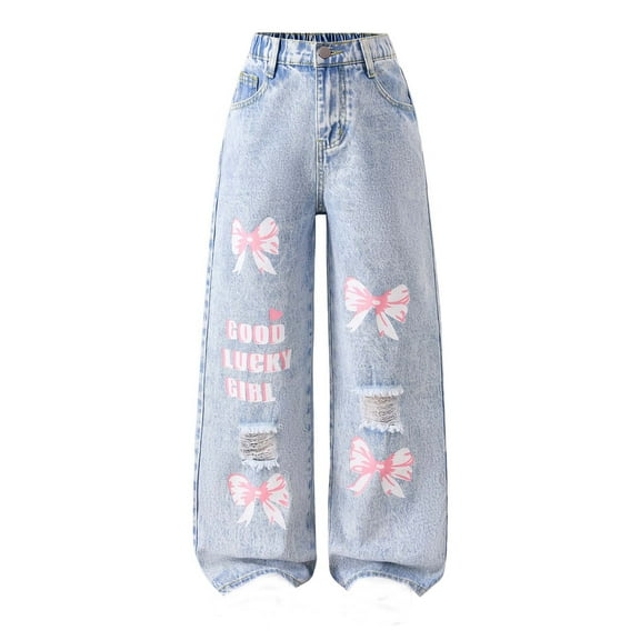 MEZZALL Girls Pants High Waist Loose Fit Bow Print Wide Leg Jeans For Teen Girls Fashion Casual Comfortable Stretch Denim Trousers For Daily Wear Fall Summer Leisure Toddler Child Dailywear
