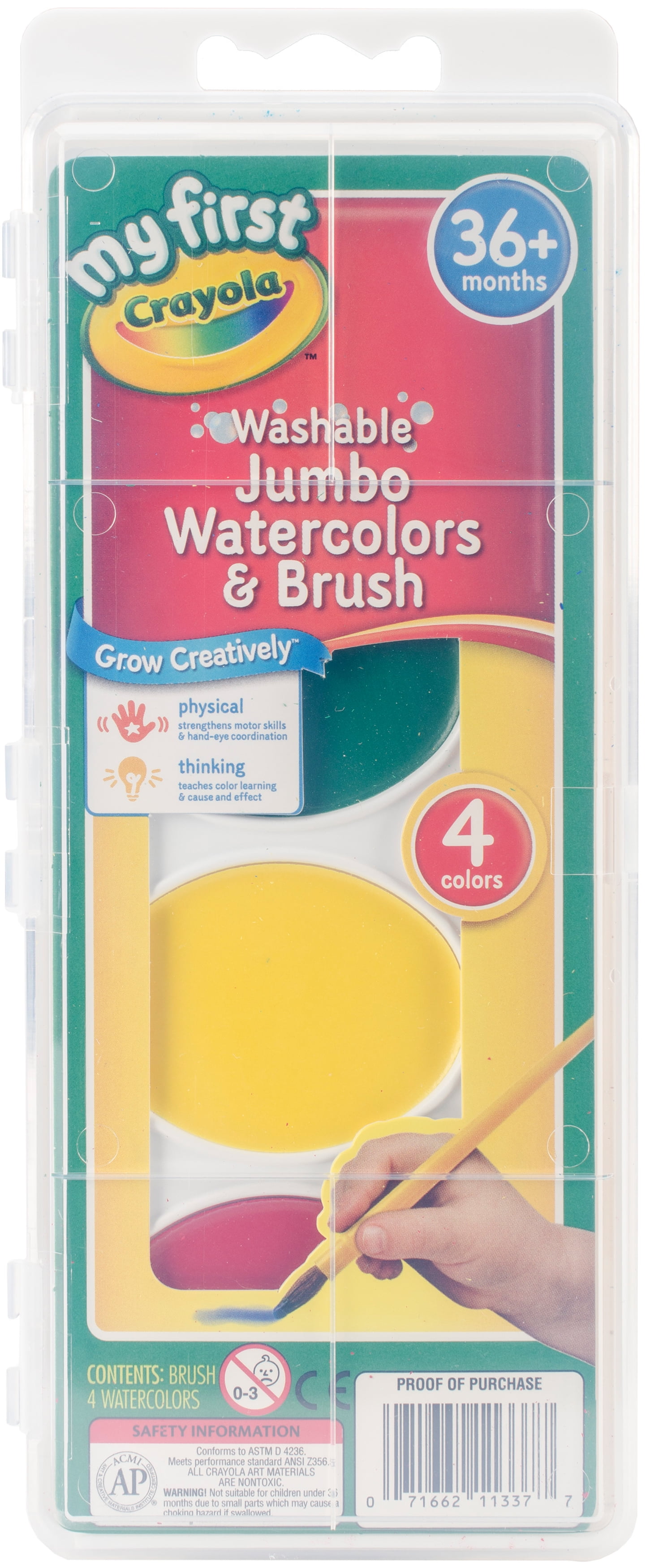 My First Crayola Washable Jumbo Watercolors & Brush Set Red Yellow Green Blue 