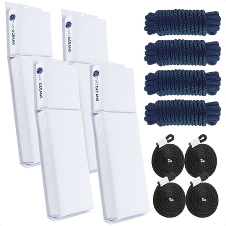 Five Oceans 4-Pack Flat Boat Fender Kit, Includes 24" x 6-7/8" x 2-1/2" White Fenders, Ropes Lines 3/8-Inch x 5-Ft, and Dock Lines 1/2" x 15' - FO4681-C2