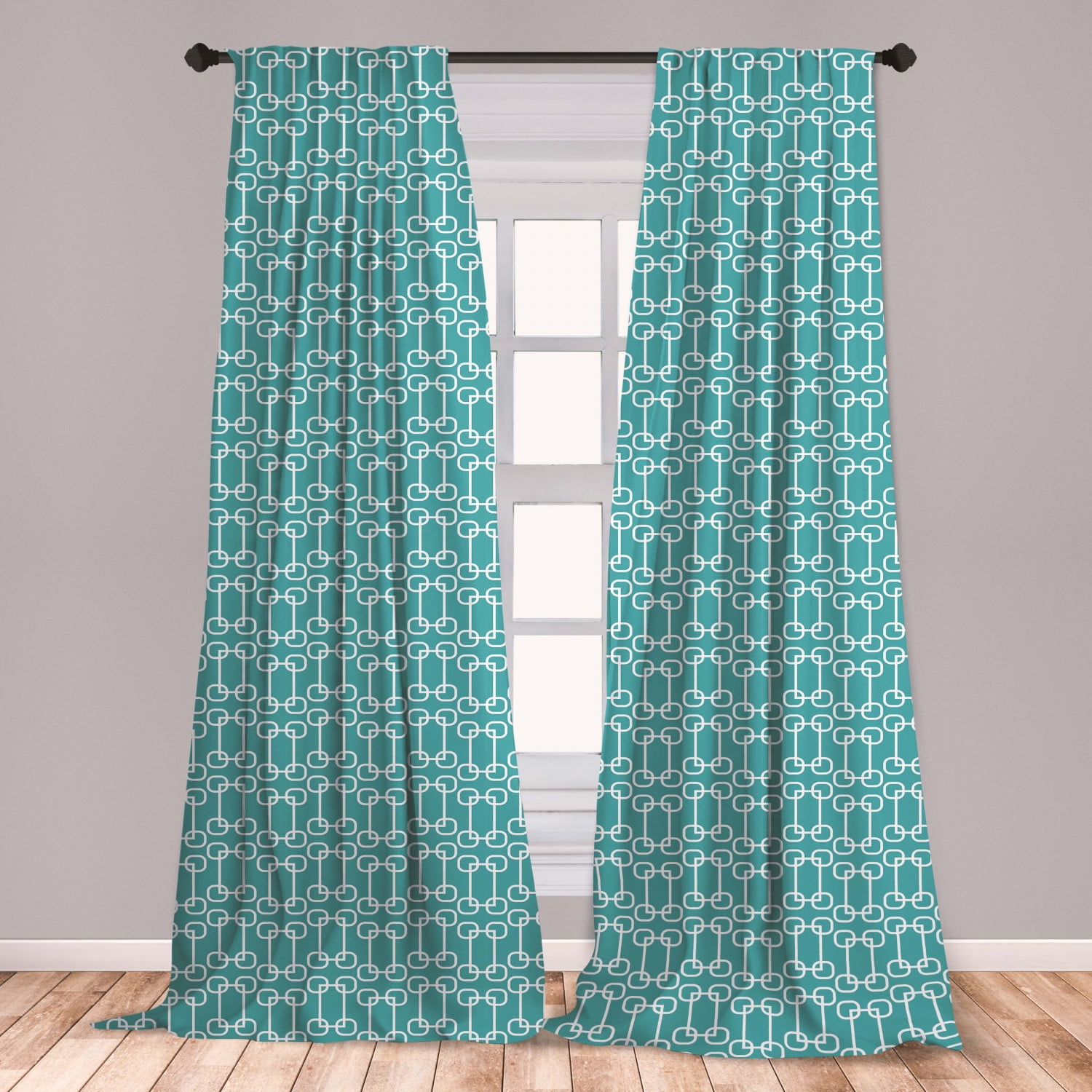 Turquoise Curtains 2 Panels Set, Minimalist Design Geometrical Squared