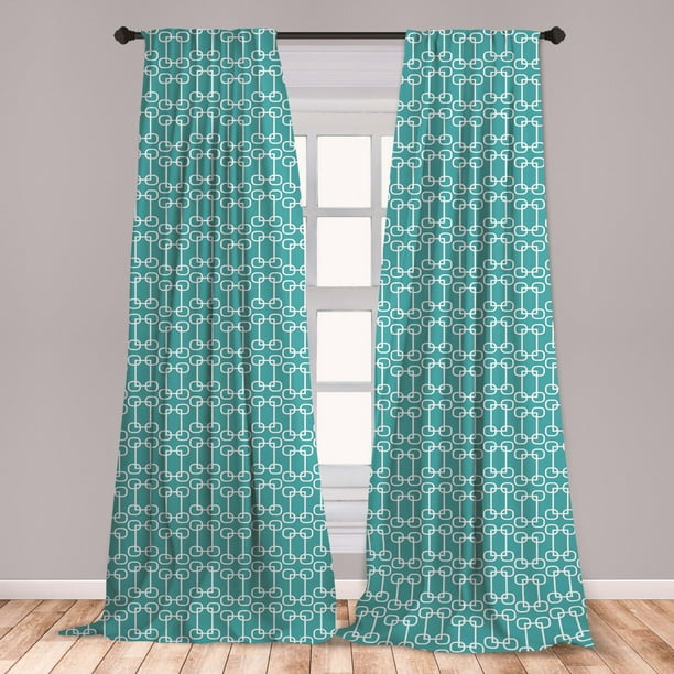 Turquoise Curtains 2 Panels Set, Minimalist Design Geometrical Squared