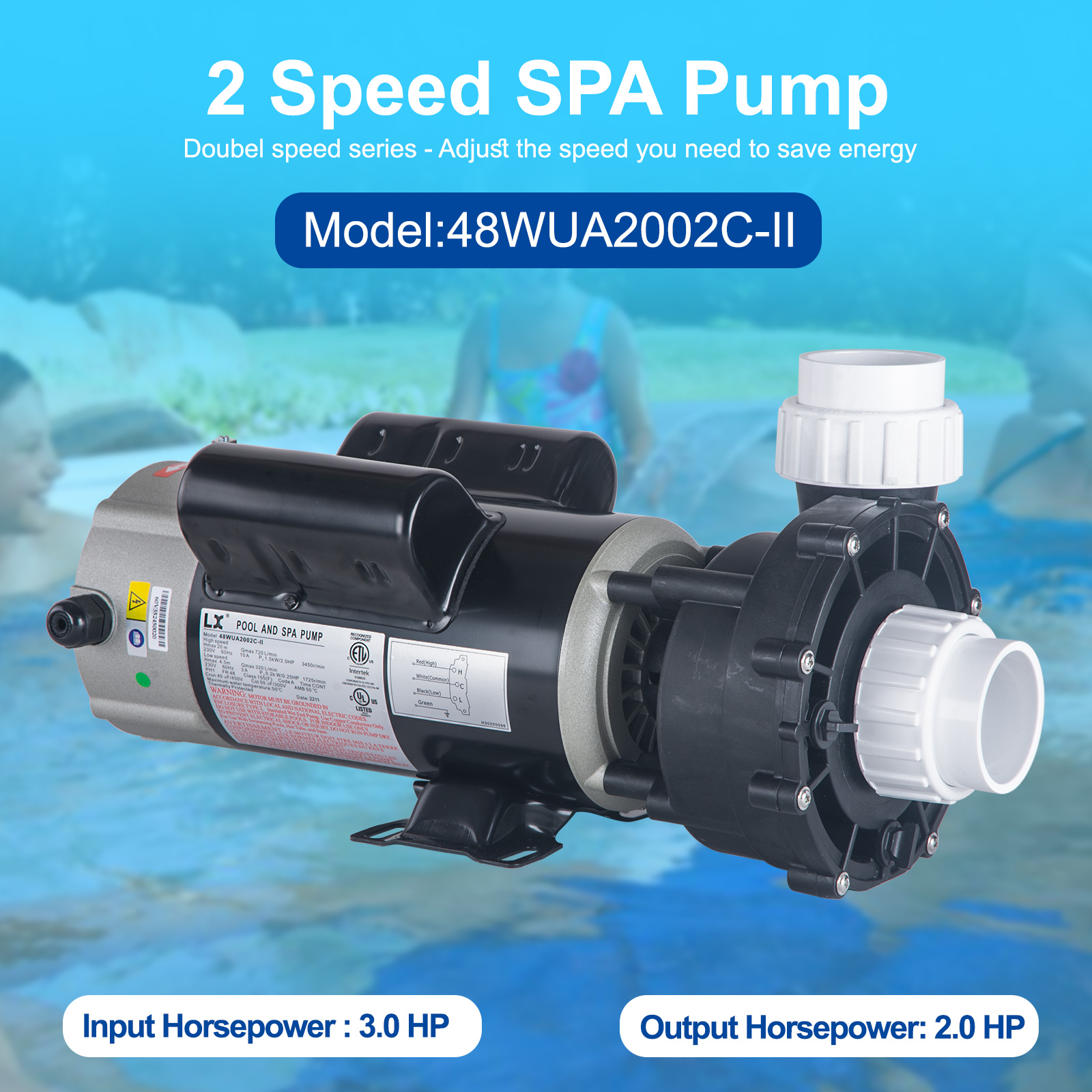 LINGXIAO SPA Pump, 230V Hot Tub Pumps, 2 Speed LX SPA Pump Motor, 3HP /60HZ, 2" Port, 48Y Motor- Model: 48WUA2002C-II