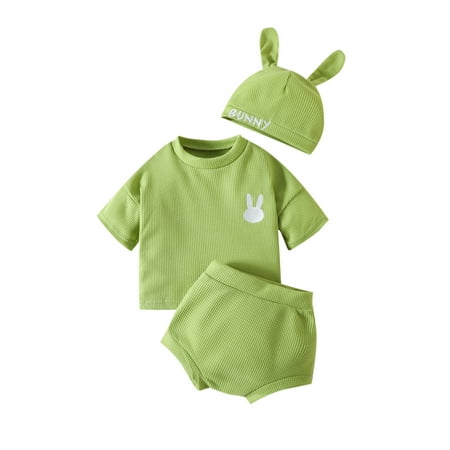 

Sunisery 3Pcs Newborn Baby Girl Boy Easter Outfit Short Sleeve Waffle Top Elastic Shorts Bunny Ear Hat Cute Clothing