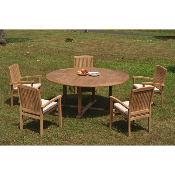 Grade-A Teak Dining Set: 5 Seater 6 Pc: 72" Round Table And 5 Wave Stacking Arm Chairs Outdoor Patio WholesaleTeak #WMWave40