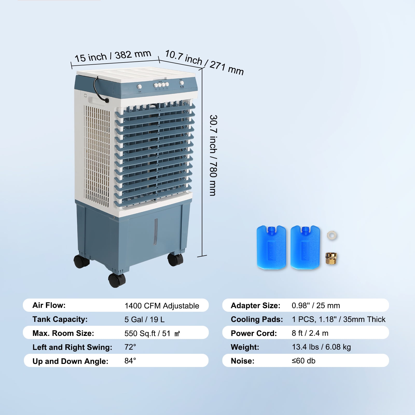 KFFKFF Air Cooling Unit, 1400 CFM Evaporative Cooler, 84° Oscillation, 5 Gal Capacity, Suitable for 550 Sq.ft Area, 3 Speed Control, Indoor and Outdoor Compatible, FCC Certified