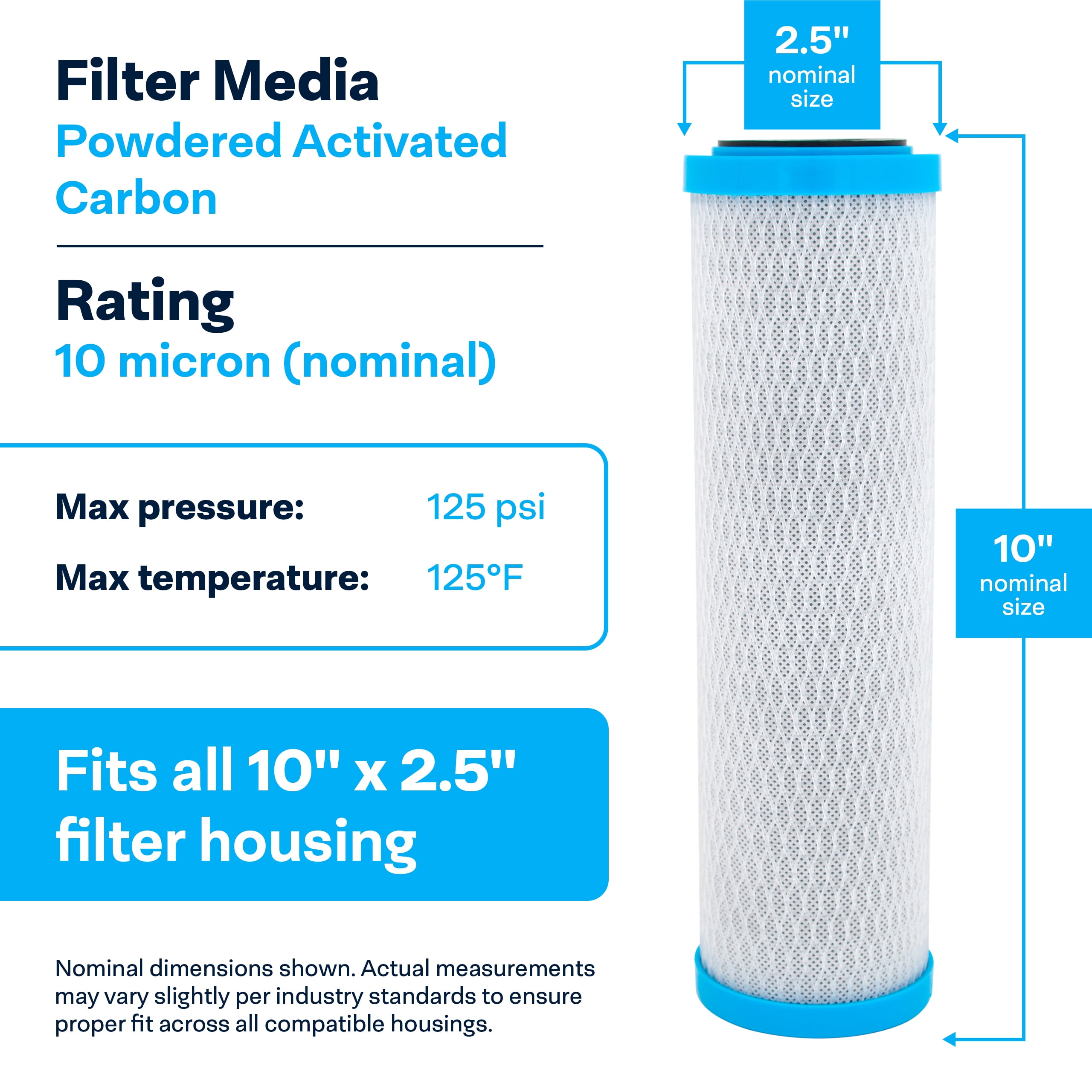 SpiroPure SP-EPM-10 10x2.5 10 Micron NSF Certified Coconut Shell Carbon Block Water Filter Cartridge EPM-10 155634-43 CB-25-1010 (Case of 12)