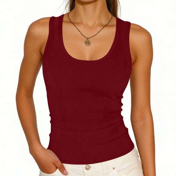 Lmueinov Womens Sleeveless Scoop Neck Tank Top Ribbed Fitted Summer Basic Slim Cute Tops 2026 Camisole Vest For Women Yoga Workout Tee Shirts
