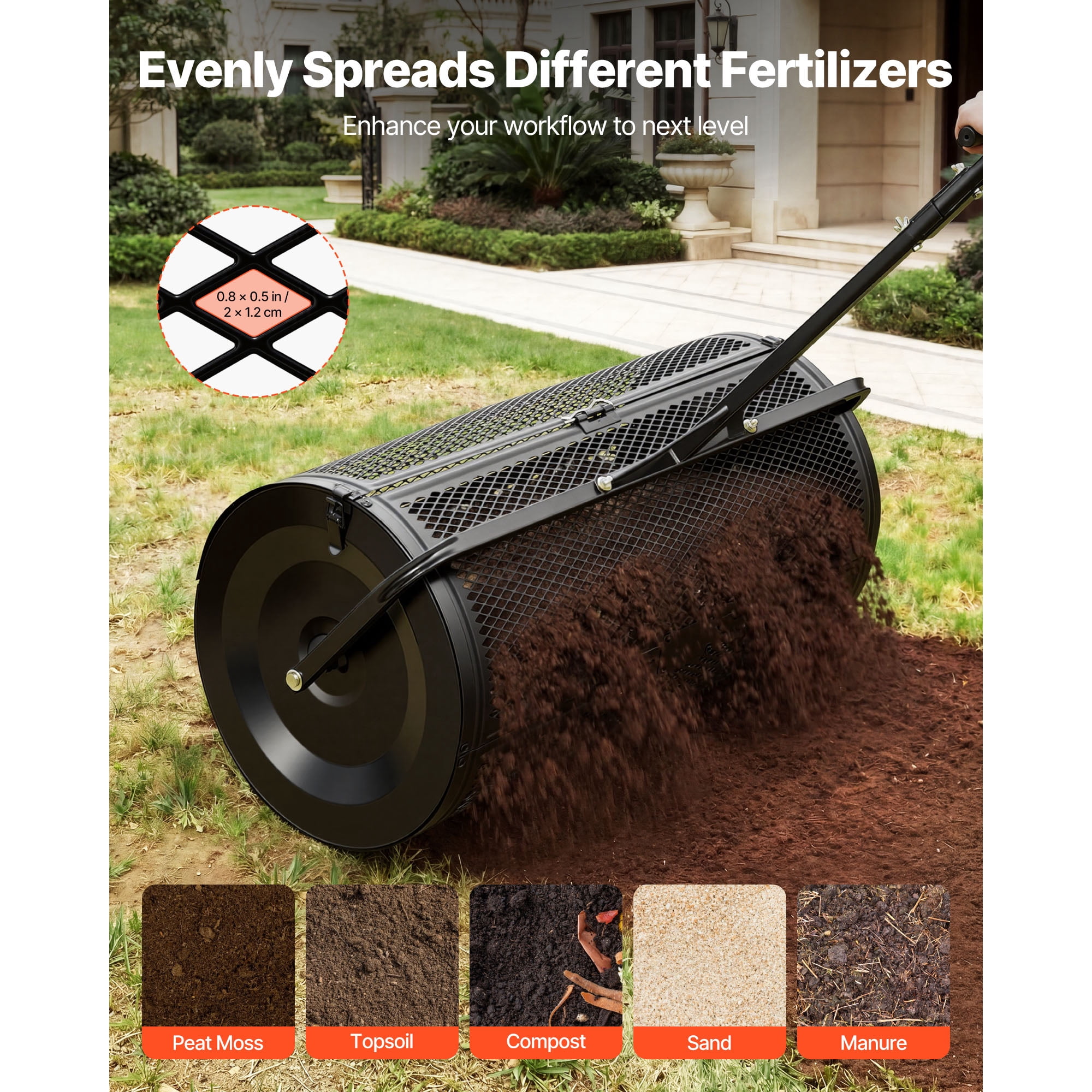 KFFKFF 36" Wide Compost Spreader with Adjustable Handle, Durable Steel Construction, Ideal for Spreading Peat Moss, Grass Seed, and Fertilizer, Black