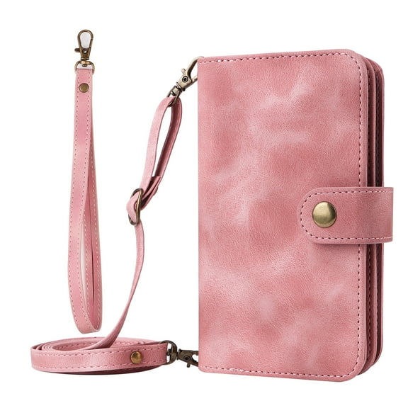 Decase for Google Pixel 7 Wallet Case with Card Holder, Adjustable Crossbody Lanyard Zipper PU Leather Kickstand Card Slots Magnetic Flip Cover Case 6.3 Inch, Pink