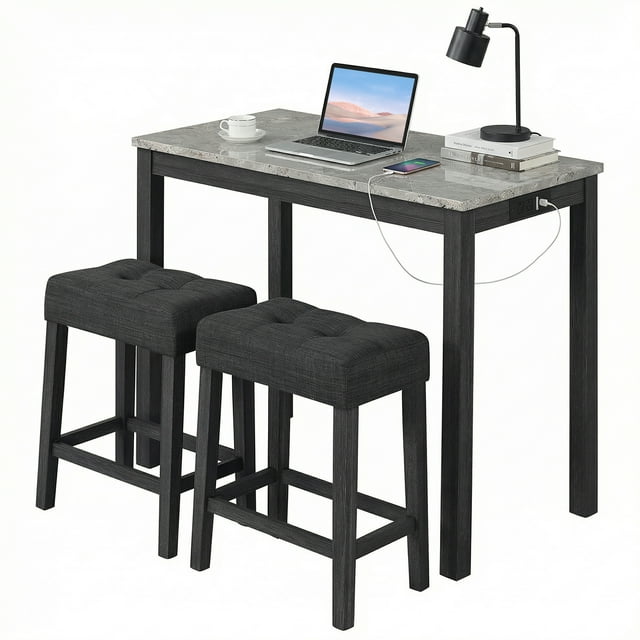 Gymax 3 PCS Bar Table Set w/ Charging Station Modern Counter Height Breakfast Table Gray
