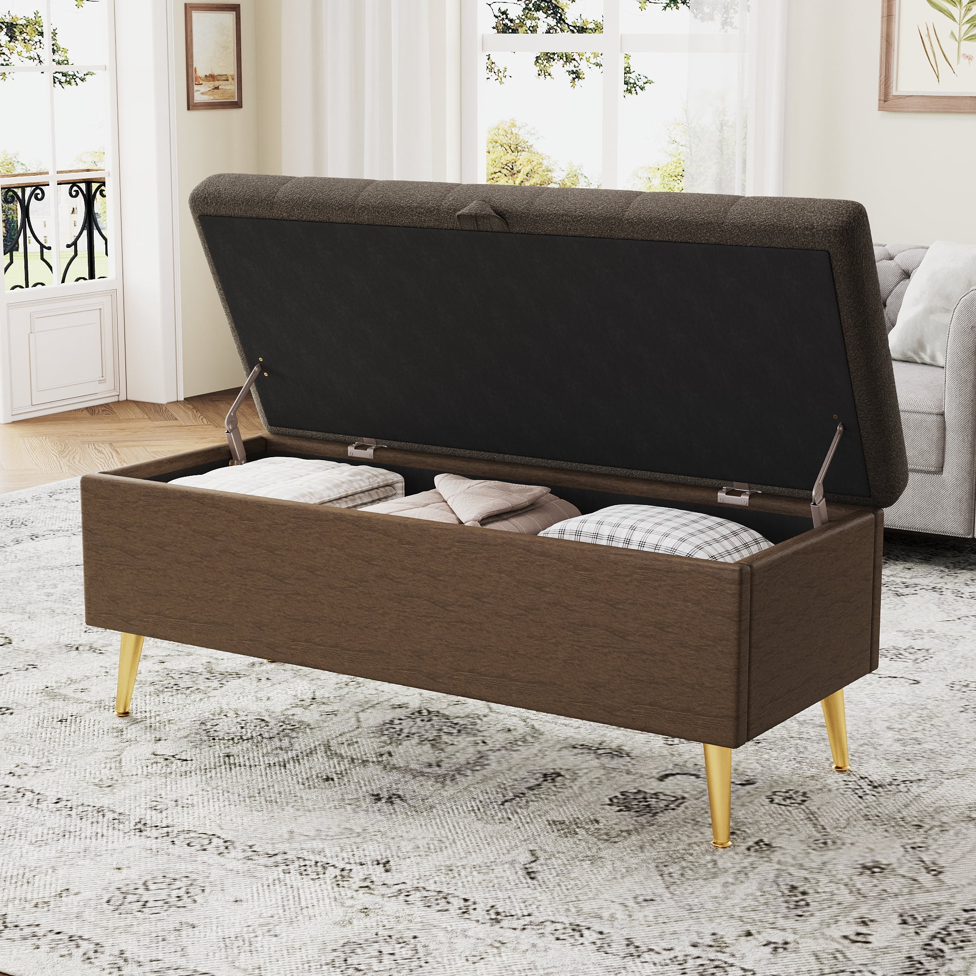 Euroco Modern Storage Ottoman Bench Upholstered Bedroom Bench Entryway Storage Ottoman Tufted Ottoman Bench for Living Room, Bedroom and Entryway, Coffee