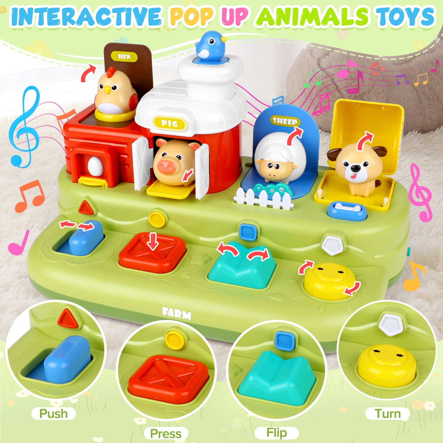 UQN Pop-up Baby Toys, Montessori Toys for 1 Year Old Boys Girls, Farm Animal Early Learning Sorting Colors Baby Toys with Musical for 9-12-18 Months Birthday Gift.