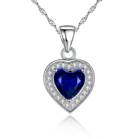 Sterling Silver Created Blue Sapphire Cut Heart Shape Pendant Necklace Jewelry Gifts for Women, 18